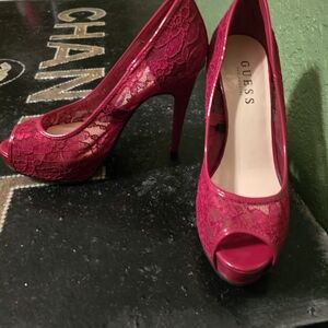 Guess Women's Pink Lace Peep Toe Heels